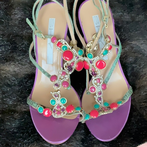 SHY jeweled satin heels 39 9 absolutely stunning NEW snake straps crisscross - Picture 1 of 8